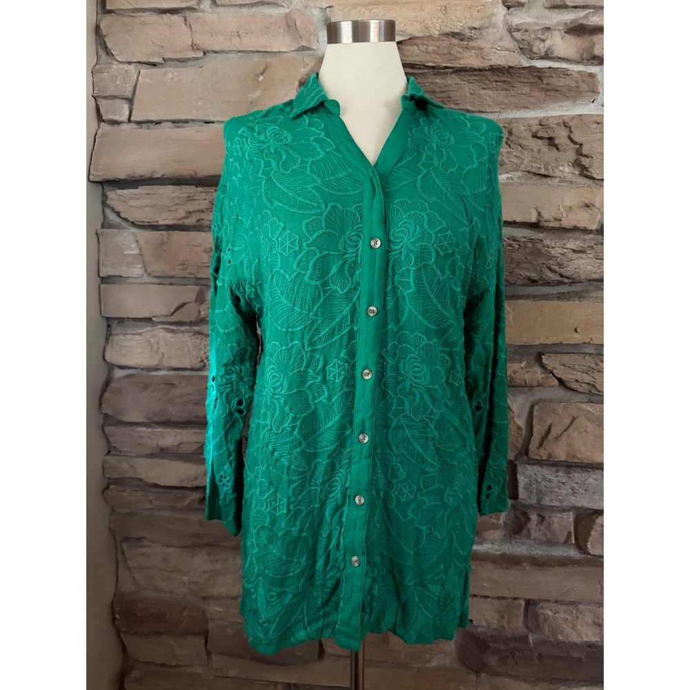 Akemi + Kin Anthropologie Emerald Green Embroidered Eyelet Tunic Blouse Womens M